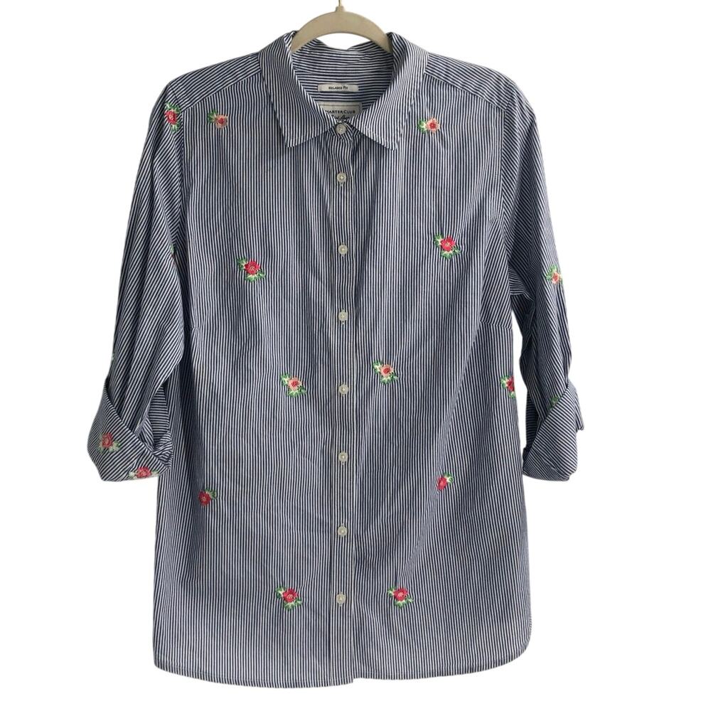Charter Club Relaxed Fit Pin Stripe Embroidered Button Cotton Shirt Blouse 14W